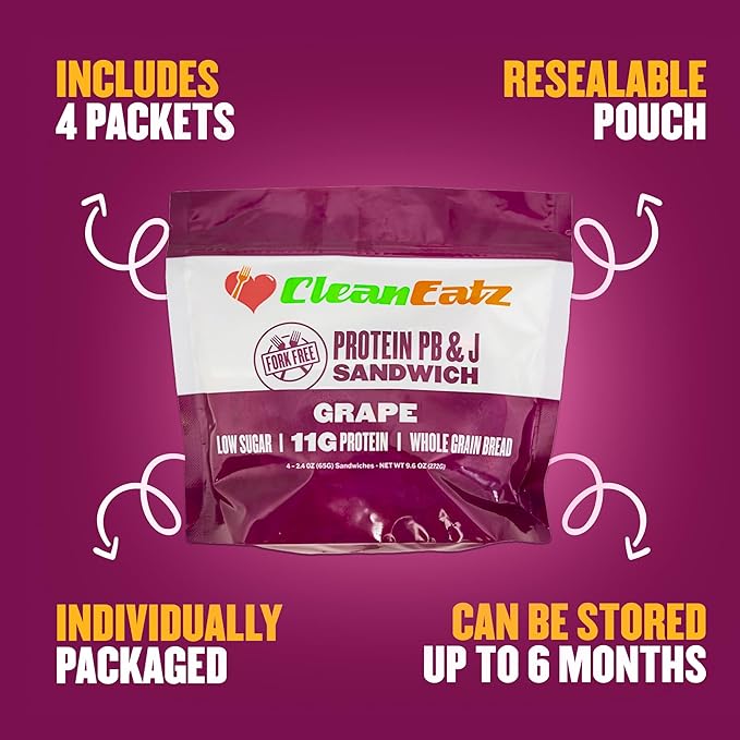 Clean Eatz PB&J Sandwich, High-Protein Grape – 16 Singles, Whole Grain & Low Sugar