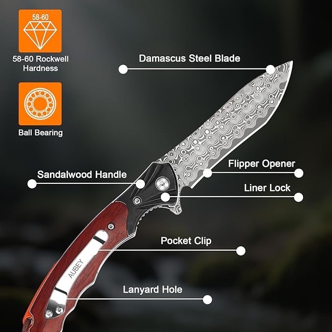 AUBEY Damascus Pocket Knife, Folding Knife with 3.43" Blade, Wooden Handle, Clip, EDC Knife for