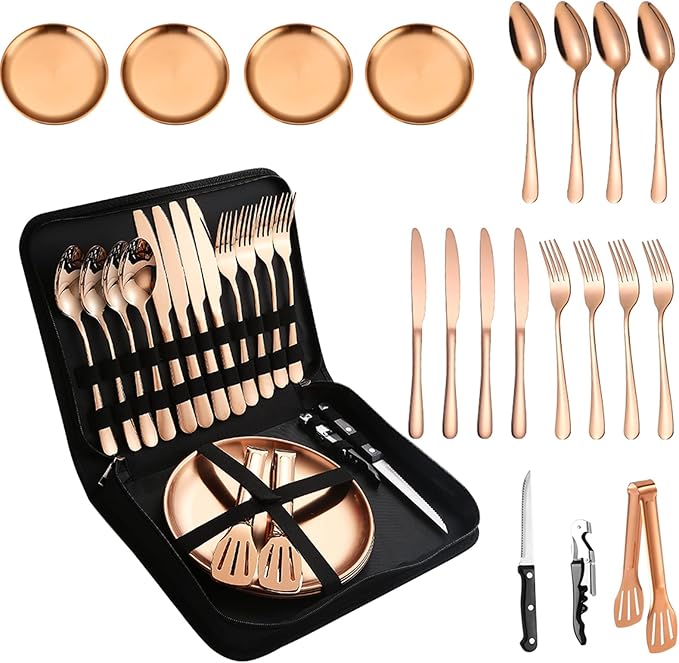 Picnic Tableware Set Camping Flatware Copper/Rose Gold Silverware and Plates Kit for 4 Portable