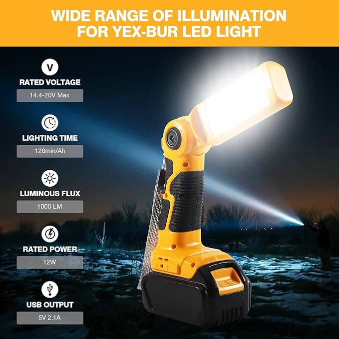 YEX-BUR Led Work Light for Dewalt 20v Battery, 12W 1000LM Cordless Handheld Spotlight with USB Port