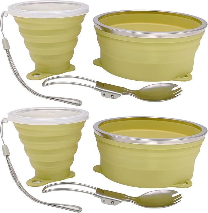 Mess Kit for Camping Silicone Collapsible Bowl Collapsible Cup and Stainless Steel Spoon for