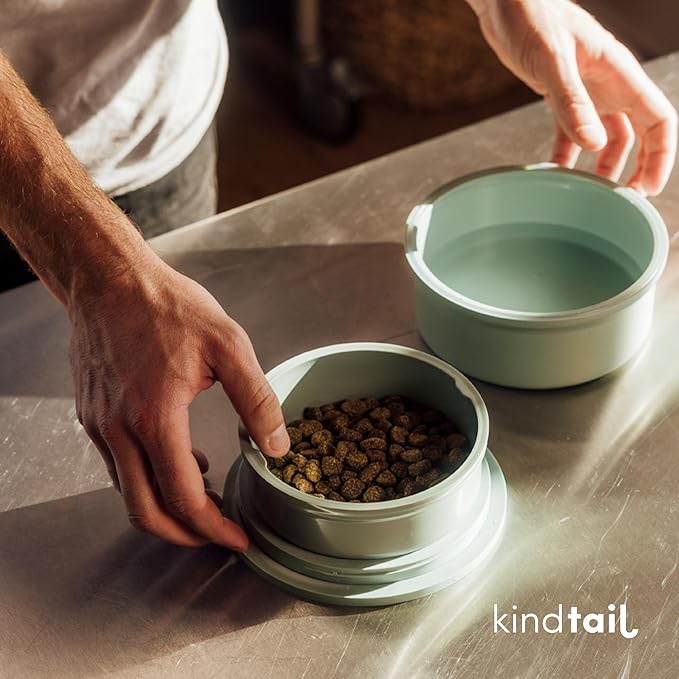 KindTail Dog Travel Bowls - Set of 2 Portable Pet Food & Water Dishes with Lid & Handle - Each