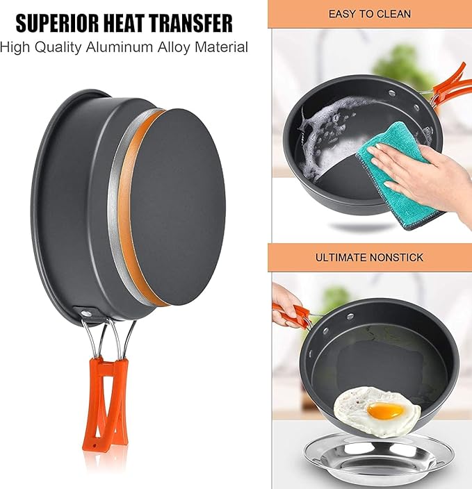 Camping Cooking Set Camping Cookware Outdoor Aluminum Mess Kit with Frying Pan, Pot with Lid, 1.2L
