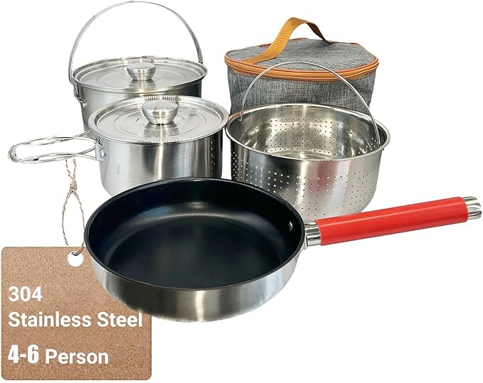 Camping Cookware Set 304 Stainless Steel Cooking Pots Pan Set with Travel Tote Bag For Camping