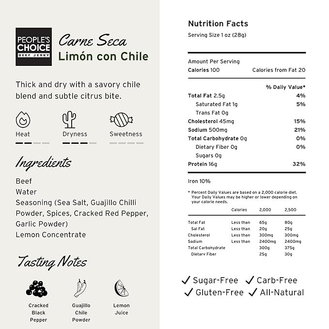 People’s Choice Beef Jerky – Carne Seca – Limón Con Chile – 16g Protein – Sugar Free, Zero Carb