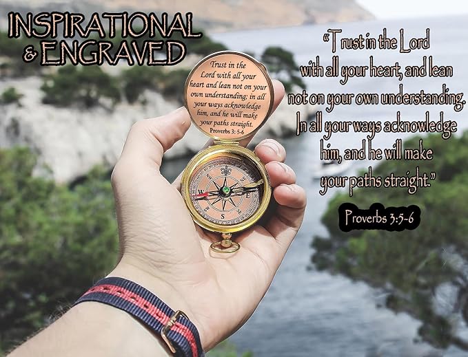 Trust in The Lord With All Your Heart - Proverbs 3:5-6 Quote Engraved Compass With Wooden Box