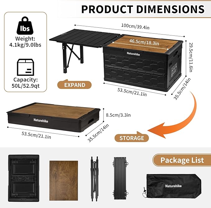 Naturehike Lispace Camping Table with Storage Box, 50L Collapsible Trunk Organizer with Lid