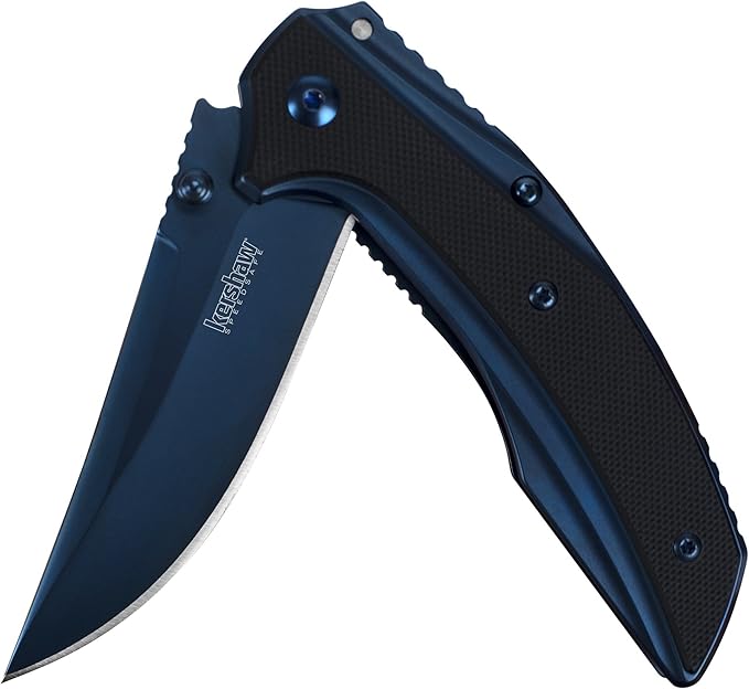 Kershaw Grid Folding Pocket Knife, 3.7 inch Black Serrated Blade, Steel Handle, Pocketclip & 3-Inch