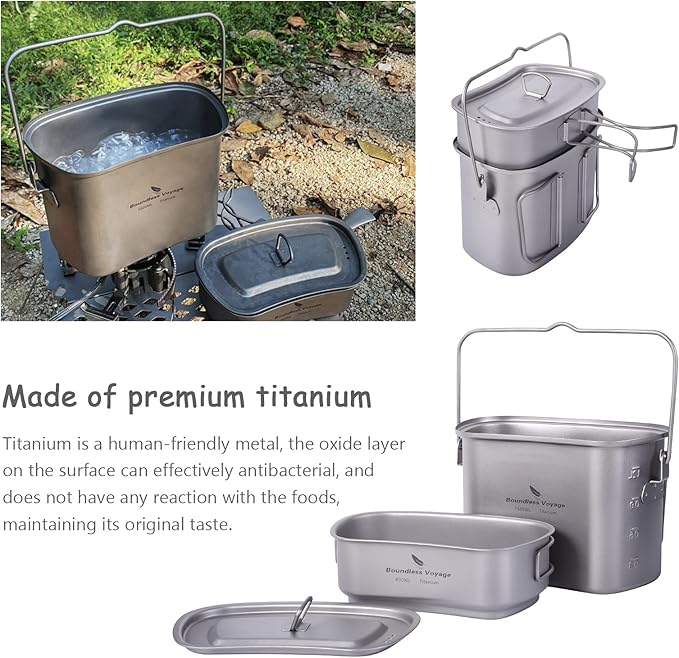 Boundless Voyage Titanium Mess Kit Hanging Pot Cup with Lid Folding Handles Outdoor Camping Cooking