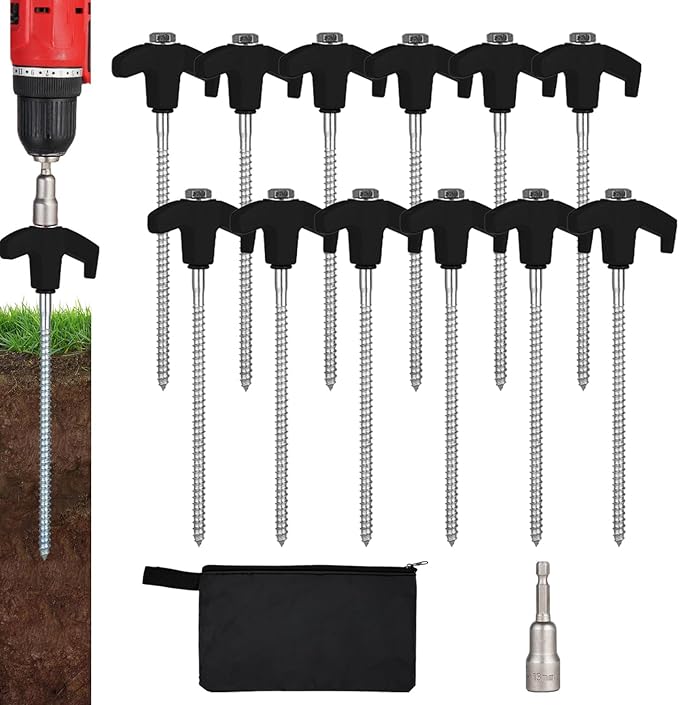 12 Pack Screw in Tent Stakes Heavy Duty,8 Inch Ground Anchors Screw in,Metal Stakes with Hex Head
