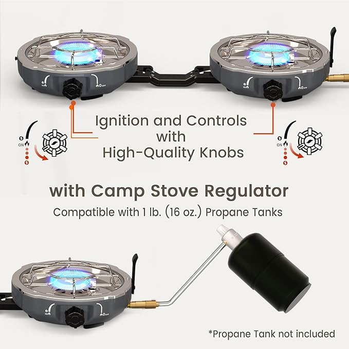 20,000 BTUs 2 Burner Propane Camping Stove, Portable Folding Camp Stove with Adjustable Burners