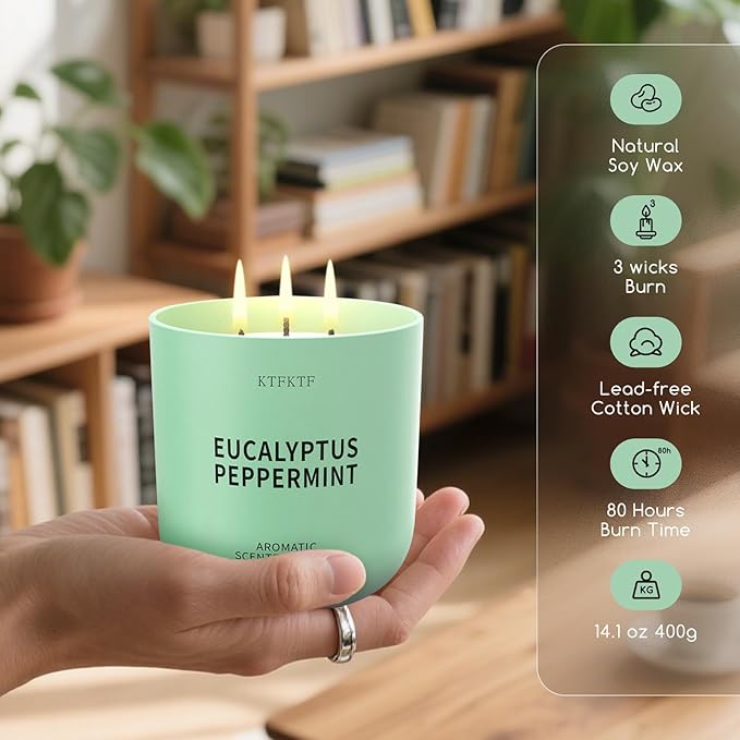 Eucalyptus Peppermint Scented Candle for Home, 14.2oz 80 Hours Long Lasting Aromatherapy Candles