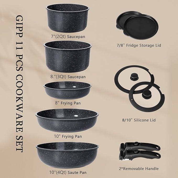 GiPP Ceramic Pots and Pans Set Non Stick, 11 Piece Nonstick Detachable Handle Cookware Sets, Non