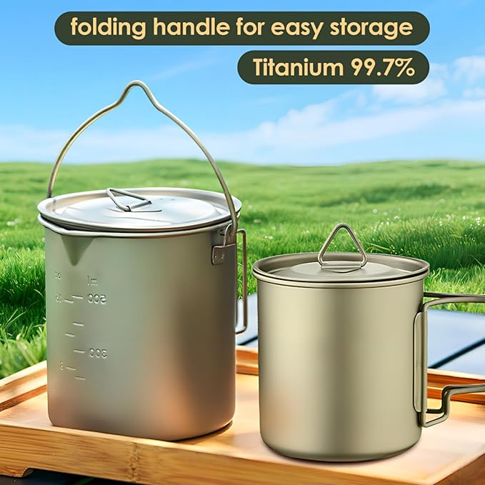 BY-J Titanium Camping Cookware Set – 750mL & 420mL Titanium Pot with Lid and Foldable Handle