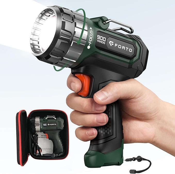FORTO Compact Rechargeable Spotlight with Adjustable Focus, Handheld Spot Light with Stand, 823m