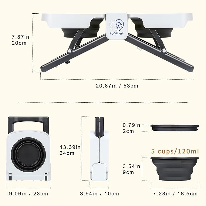 Portable Foldable Elevated Dog Bowls Stand with Dual Dishes, Compact Travel Pet Feeding Table for