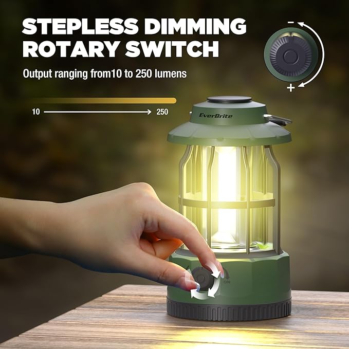 EverBrite LED Camping Lantern, USB C Rechargeable Lantern with Stepless Dimming, Vintage Portable
