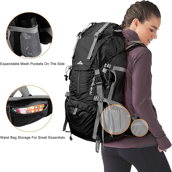 Loowoko 50L Hiking Backpack, Waterproof Camping Essentials Bag with Rain Cover, 45+5 Liter