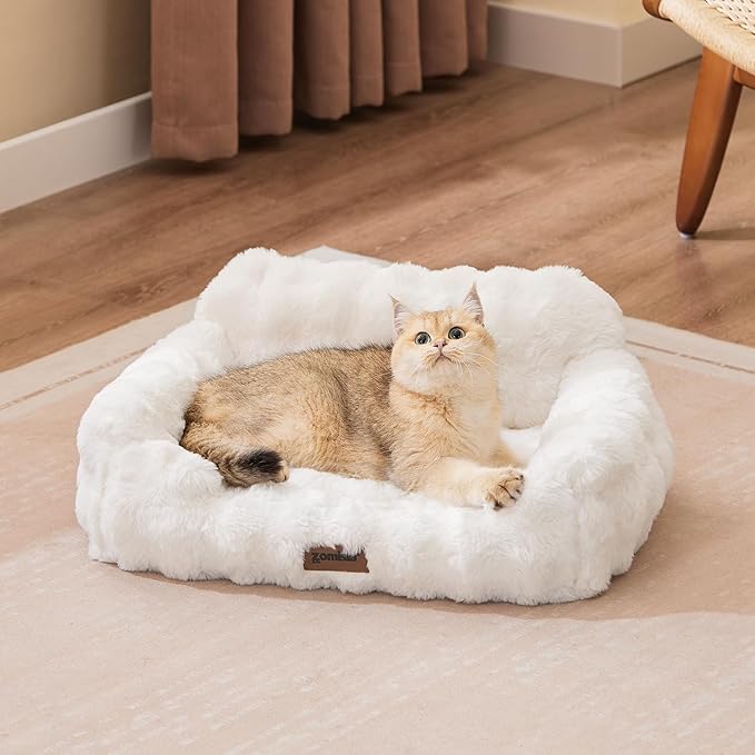 Orthopedic Cat Couch Bed for Indoor Cats, Cute Pet Sofa with Supportive Egg Foam, Fluffy Faux Fur