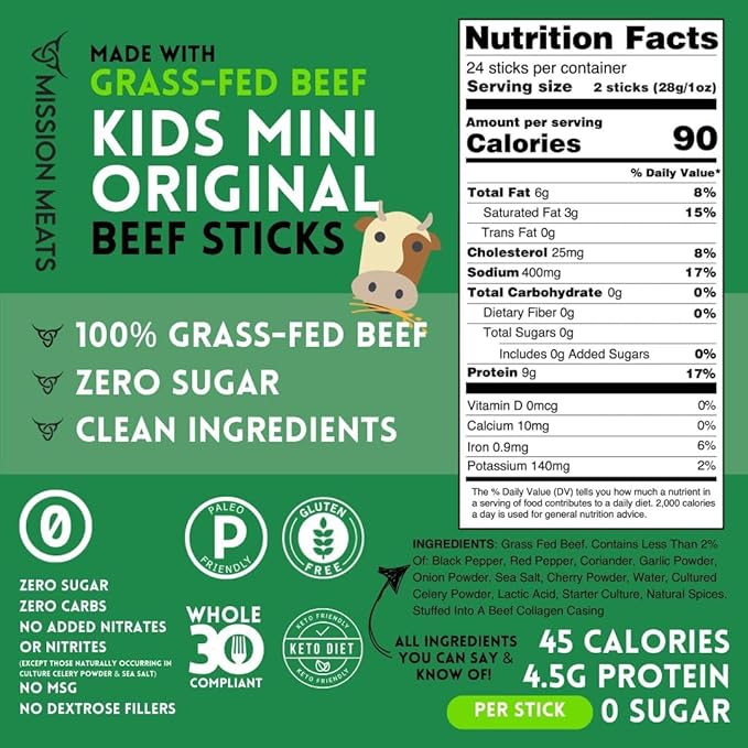 Mission Meats Kids Beef Sticks ??100% Grass Fed & Pasture Raised, Healthy Snacks for Kids, Sugar