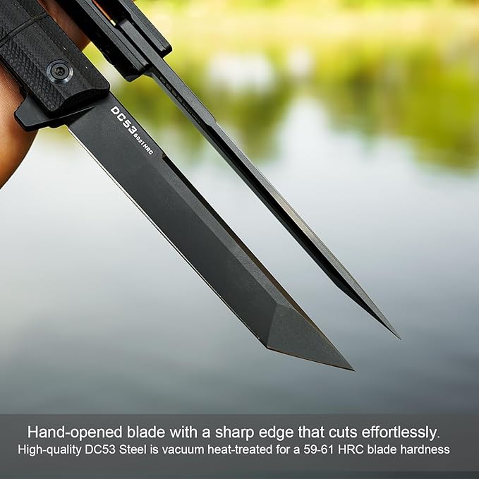 Flipper Pocket Folding Knife,DC53 Steel Blade and G10 Handle. With pocket clip and glass