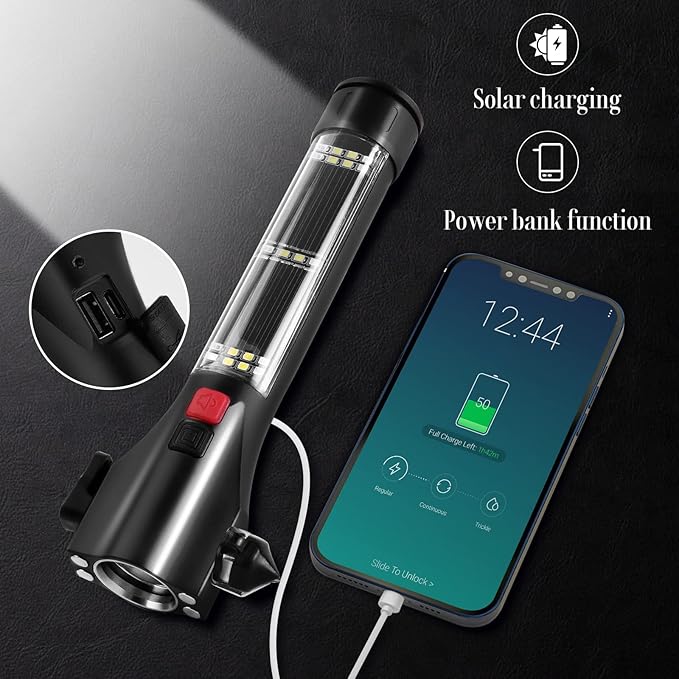 Solar Powered Car Safety Hammer Flashlight with Seatbelt Cutter, LED High Lumens, Red and Blue SOS