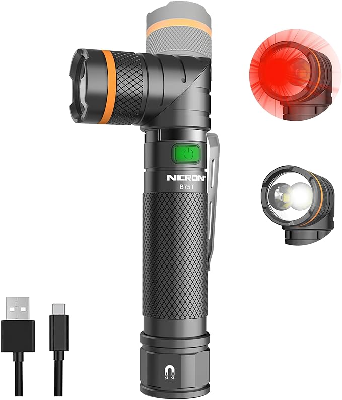 NICRON B75T LED Tactical Flashlight with Red White Dual Light, 90 Degree Rotating Head, Magnetic