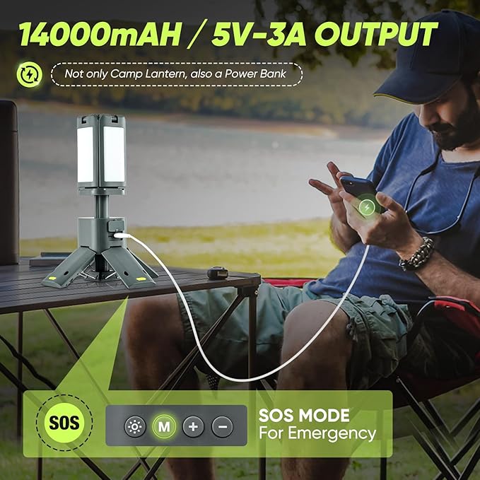 Portable Camping Light, 14000mAh Telescopic Camping Lantern with Rechargeable Power Supply