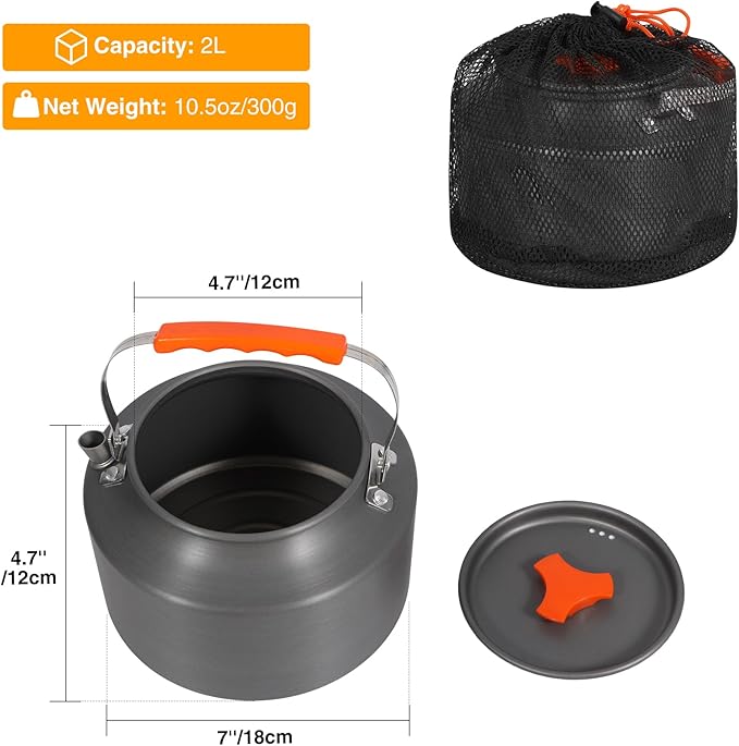 REDCAMP 2L Outdoor Camping Kettle, Aluminum Water Pot with Carrying Bag, Compact Lightweight Camp