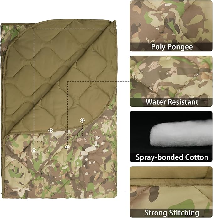 Poncho Liner Military Insulation Outdoor Camping Blanket for Travel, Beach, Grass, Picnic, Car