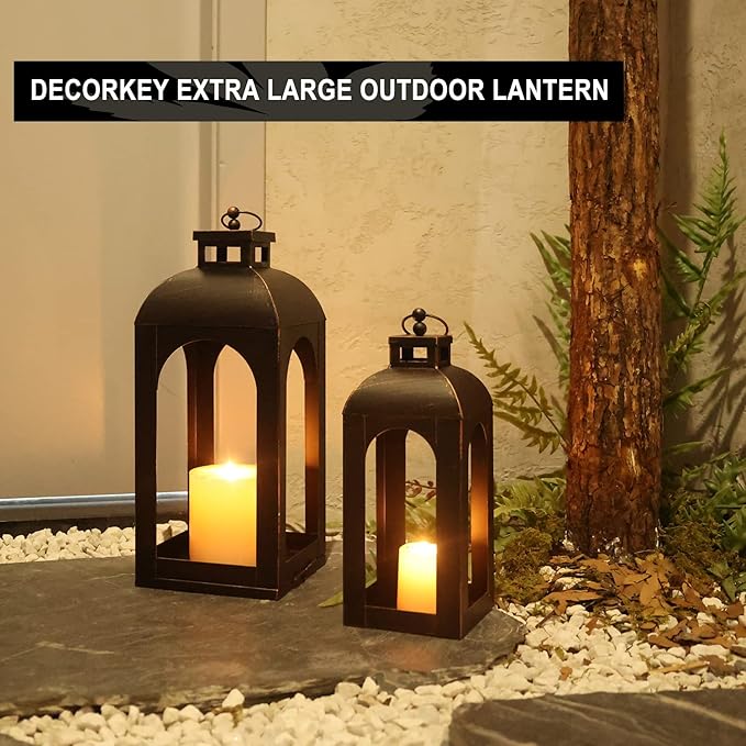 DECORKEY LED Lantern Decorative Outdoor&Indoor, Set of 2 (17’’&13’’) Black Metal Lanterns Decor