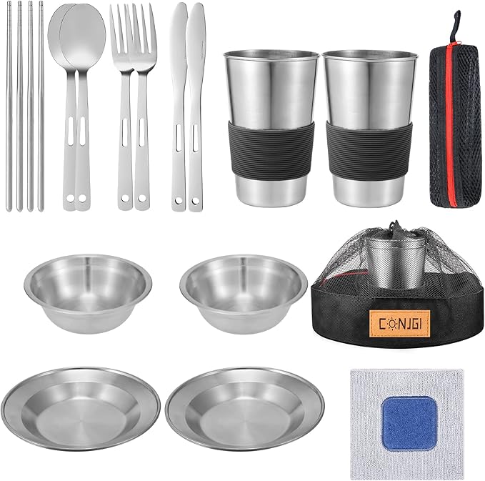 Outdoor Camping Mess Kit - 1 to 2 persons Camping Dishes Includes Cups, Bowls, Dishes, Knives