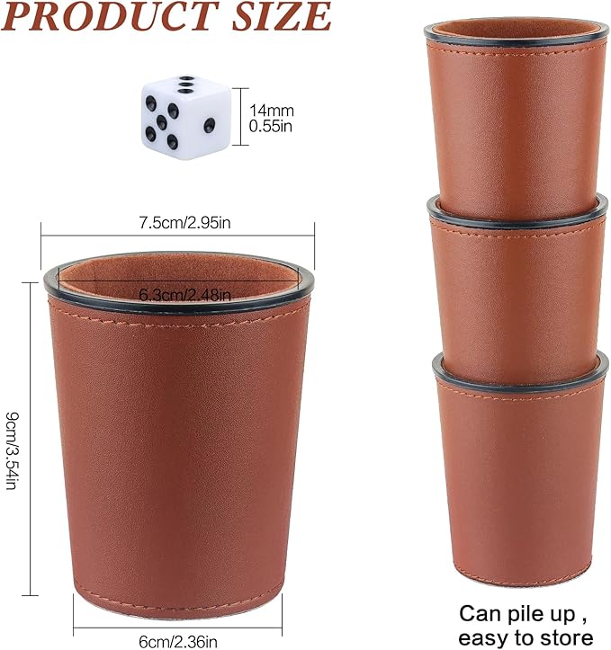 Felt-Lined PU Leather Dice Cup Set, 6 Quiet Shaker Cups With 36 Dice for Bar Party Yahtzee Farkle