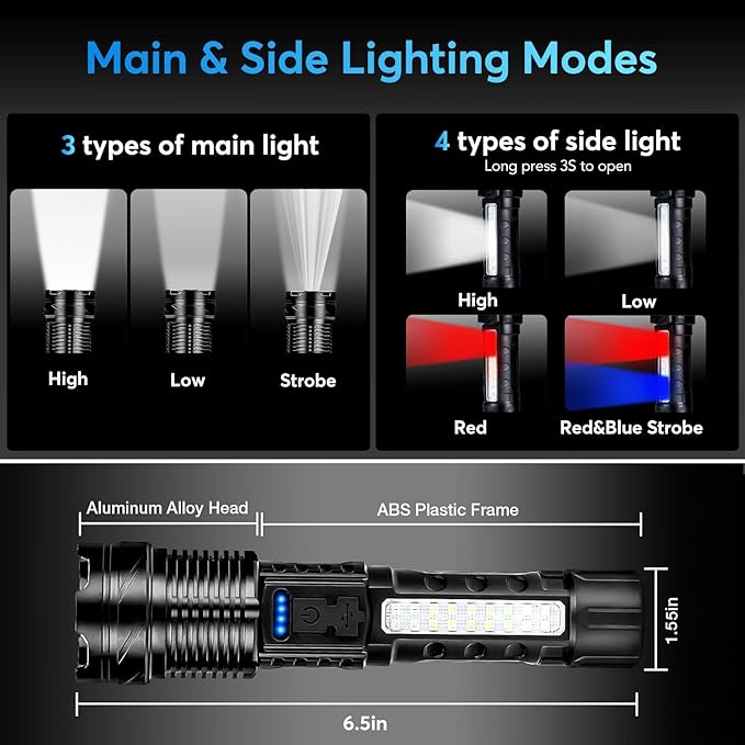 JIJ Flashlight 3 Pack, Rechargeable Flashlights High Lumens, 7 Modes LED Flashlight with IP67