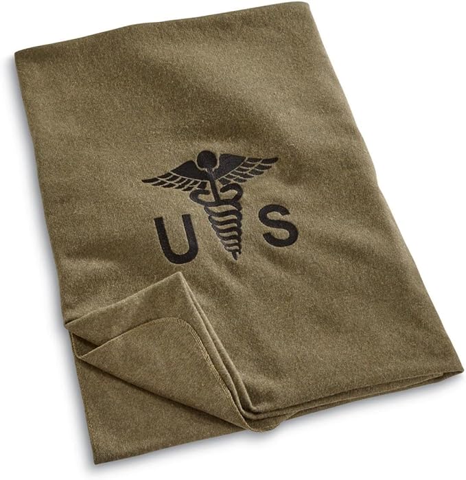 M MCGUIRE GEAR Military Style Wool Camping, Survival, and First Aid Blanket, 64" x 90", Embroidered