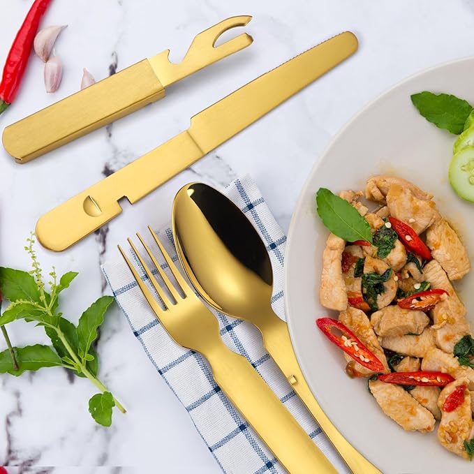 Picnic Silverware Gold Camping Cutlery Fork Knife Spoon Bottle Opener 4 Pieces Flatware Utensil Kit