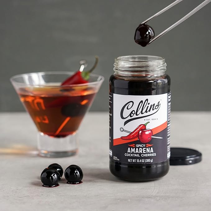 Collins Spicy Amarena Cherries in Syrup, Black Cherries for Old Fashioned or Manhattan, Cocktail