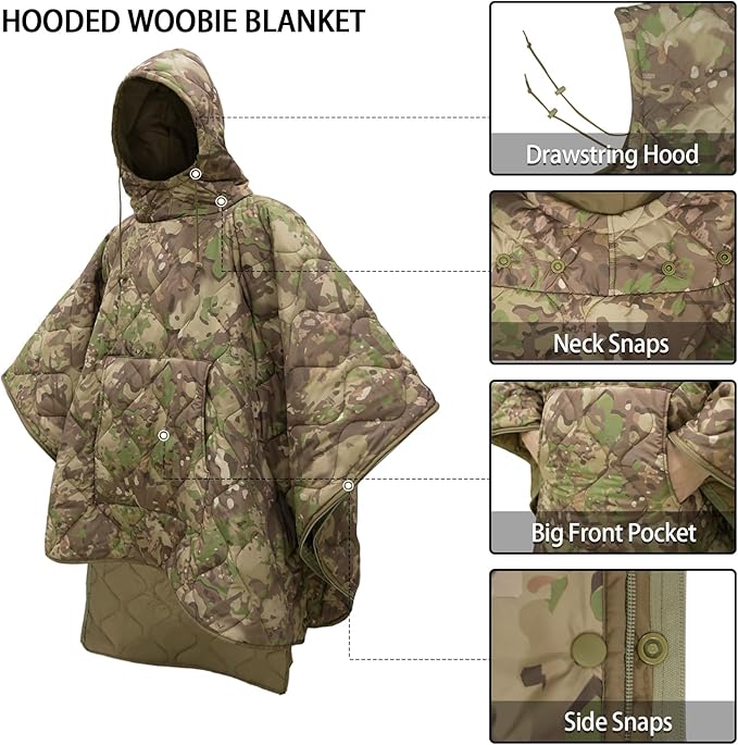 Poncho Liner Hoodie with Pocket Insulated Military Sleeping Bag Water Resistant for Outdoor Camping