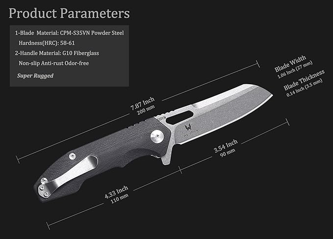 Camping Folding Knife - S35VN Powder Steel G10 Handle Comfortable Grip - Great for Cutting Hunting