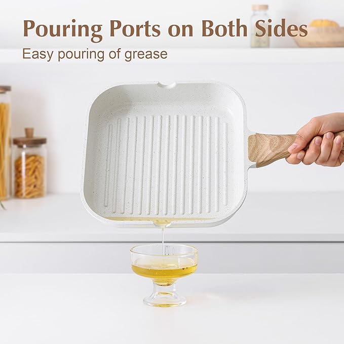 SENSARTE Nonstick Ceramic Grill Pan for Stove Tops, Versatile Square Grilling Pan with Pour Spouts