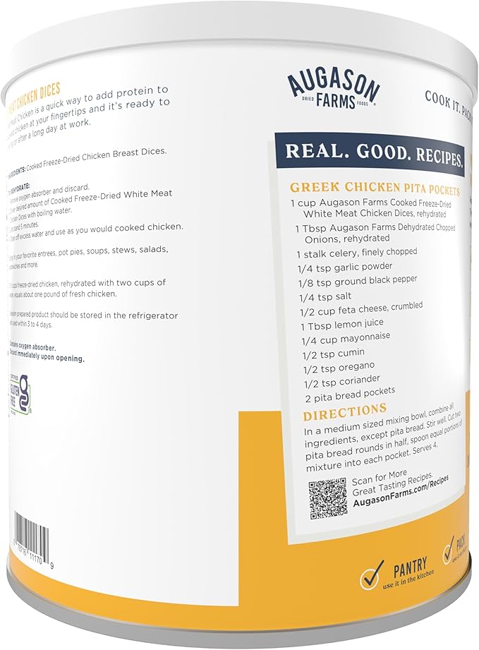 Augason Farms Cooked Freeze Dried White Meat Chicken Dices Can, Emergency Food Supply, Everyday