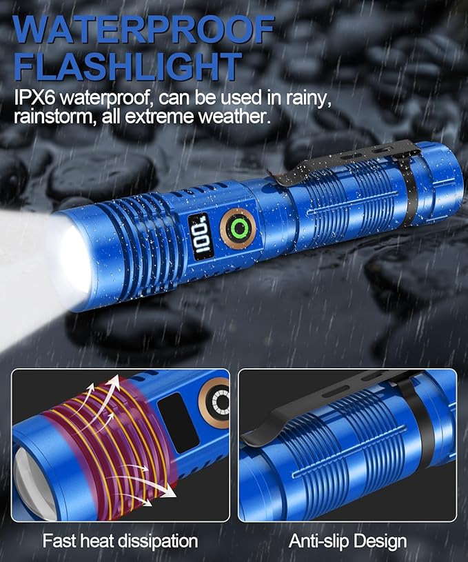 Rechargeable Flashlight High Lumens- Super Bright Magnetic Flash Light with Power Digital Display