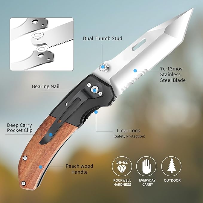 Vickay Pocket Knife, Folding Knife with Clip - 3.54″ Tanto Serrated Blade, Wood Handle EDC Knife