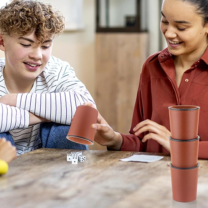 Felt-Lined PU Leather Dice Cup Set, 6 Quiet Shaker Cups With 36 Dice for Bar Party Yahtzee Farkle