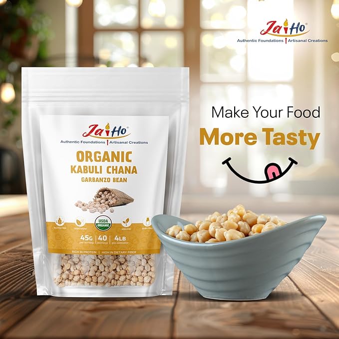 Jai Ho Certified Organic Kabuli Chana Garbanzo Beans 4 lb | Chickpeas Lentils | Indian Kabuli Chole