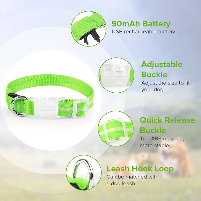 Light Up Dog Collar, Adjustable USB Rechargeable Glow in Dark Dog Collar ，Waterproof Dog Collars