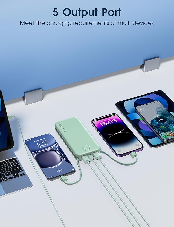 Portable Charger with Built in Cable and AC Wall Plug, USB C Power Bank 12000mAh 22.5W Super Fast