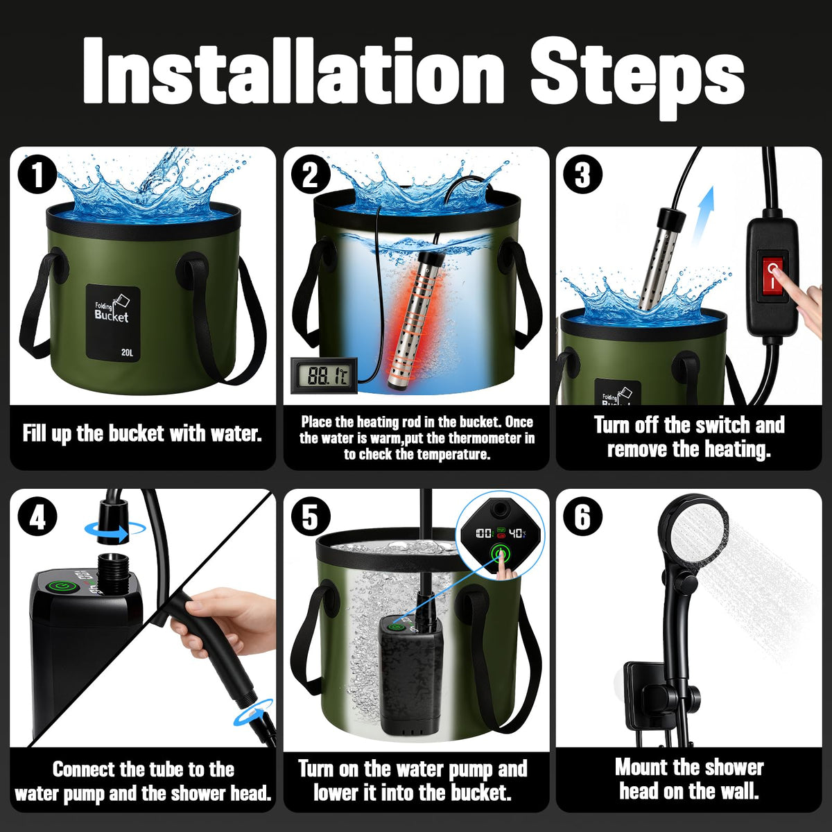 Portable Shower for Camping, 6000mAh Rechargeable Camp Shower Pump with Immersion Water Heater, 6.6
