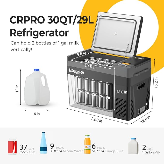 BougeRV 12 Volt Refrigerator, CRPRO 30 Quart 12V Car Fridge, Portable Freezer (-8℉~50℉), Compressor