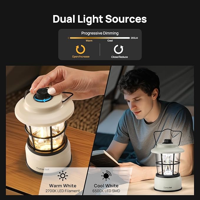 Consciot CL1 Mini Dual Light Sources LED Lantern, Retro Style Battery Powered Lamp, Dimmable Warm